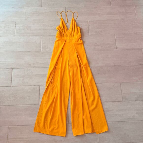 Luxxel Jumpsuit Wide Leg Romper Strappy Back Sleeveless Marigold Yellow V Neck S - Picture 1 of 10